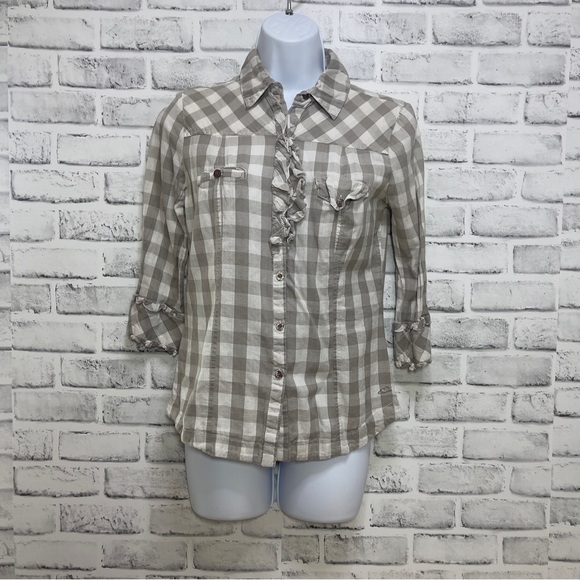 O'Neill Tops - O’Neill Grayish Brown Plaid Ruffle Button Up Top Small